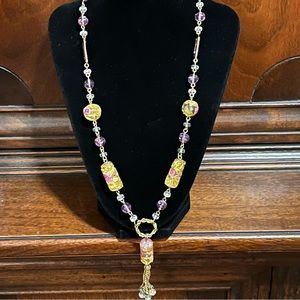 Stunning Lamp-work Glass Bead Necklace Cylindrical, Round 22" L + 3" Tassel Drop